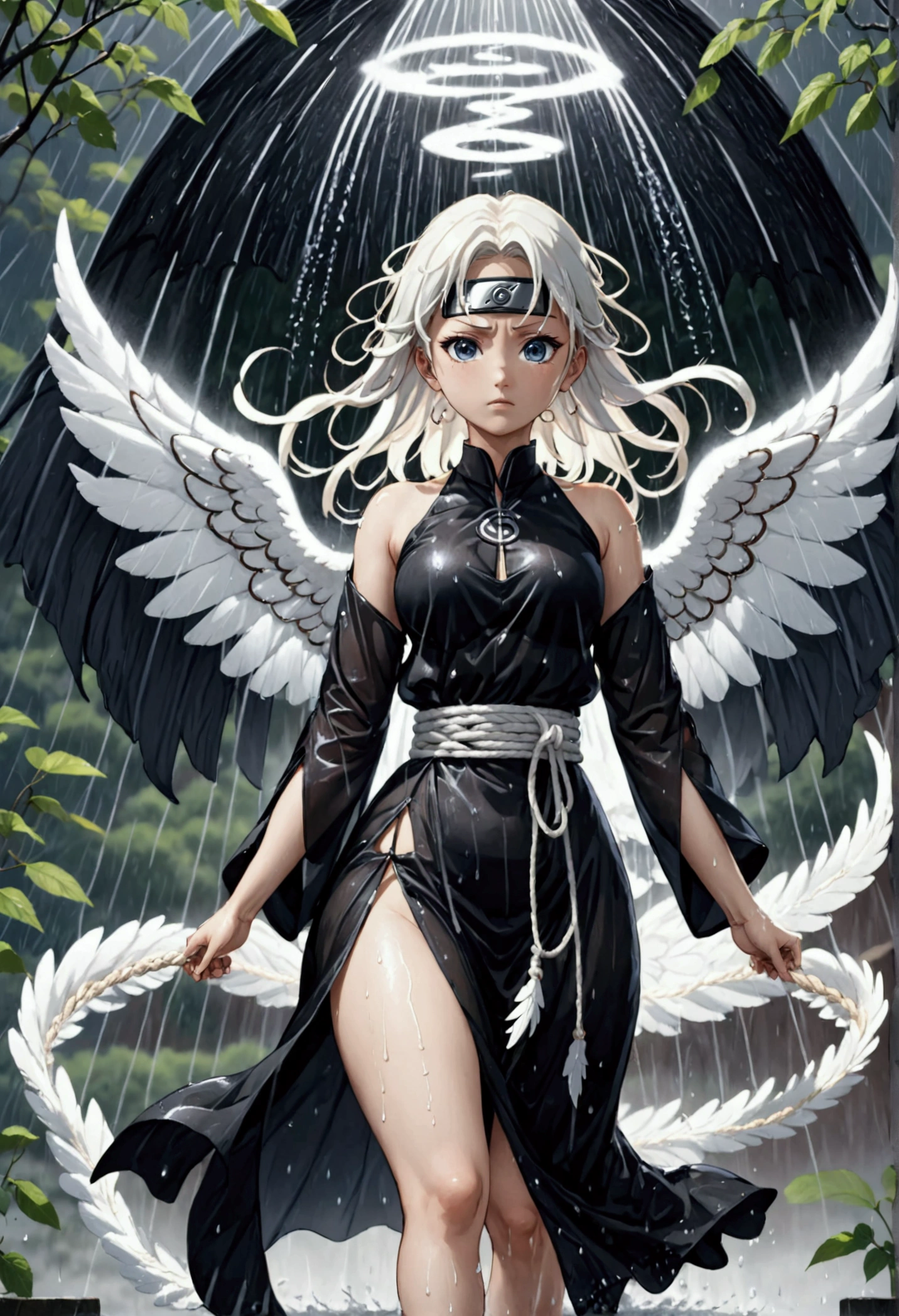 (8k, Highest quality, Manga style, View your viewers, Intricate details:1.3),(One woman, Naruto's Rope), (Six alternating white angel wings and black devil wings:1.3), (China dress, See-through, Sweating, Full body portrait, Being hit by rain, Soaking wet)