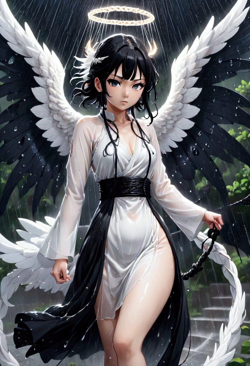 (8k, Highest quality, Manga style, View your viewers, Intricate details:1.3),(One woman, Naruto's Rope), (Six alternating white angel wings and black devil wings:1.3), (China dress, See-through, Sweating, Full body portrait, Being hit by rain, Soaking wet)