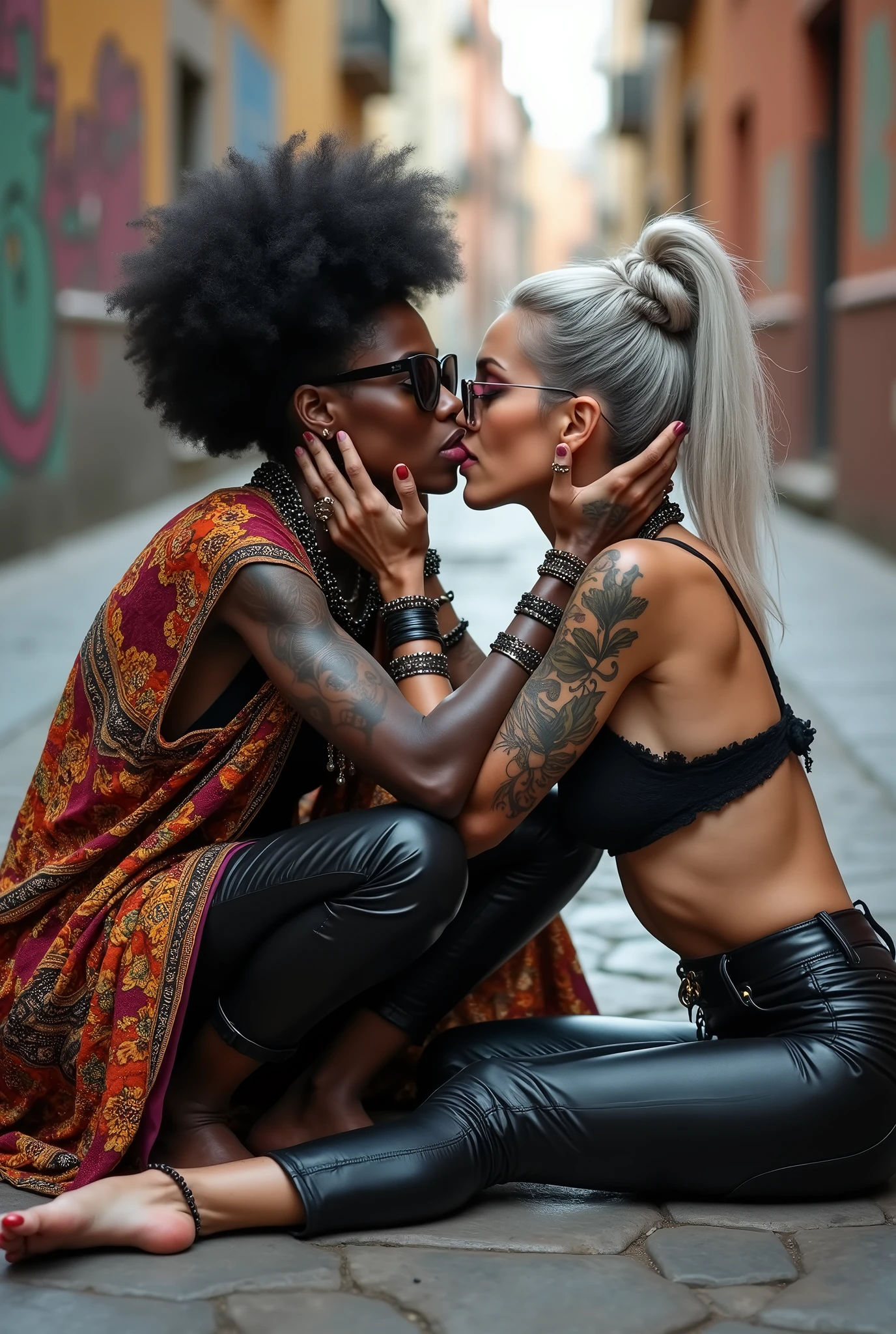 Three russian old milf women: the dominant dark skinned gipsy woman (black afro, long african traditional colourful tunic, barefoot), squatting with possessive stance (arms around her two girlfriends' necks). At her feet, lying on the ground,her two caucasian girlfriends groping and kissing each other, weak, light grey hair, submissive and needy, feeling defeated and needy, in laid back postures with hands touching their thongs or their necks or chest, looking at each other with open mouths, arched back, different clothes but all wearing clothes in rock chic style. grey hair (bouffant, top bun, shaved sides) and oversized square sunglasses. Big lips. Black lace push up bras, silicone breasts,, low rise skinny leather jeans. Both Barefoot.. Lots of thick wide studded bracelets, chain necklaces and big rings,. Long earrings with chains and feathers. Chains around their hips. Lounging lazily on the ground with bended knees, separated legs and arched backs. Lazy, leaning back, laid back pose, separated legs. Neck tattoed, chest tattoed, stomach tattoed, feet, hands, arms and wrists heavily tattoed. Toned abdominals, thin neck, slim legs and thin arms. Narrow hips. Both, open legs. Full body. At a Madrid narrow street with graffitied walls.