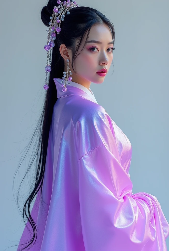 (Full Body), A luminous Chinese beauty (Dilraba Dilmurat) from ancient dynasties (221 BCE - 220 CE) stands majestically against a neutral background, her vibrant white-purple twotone Wuxia attire radiating an otherworldly aura. David Lachapelle's lens captures the frozen moment of her polished body, Si-fi graphics luminescent attire, and captivating gaze meeting the camera with unflinching intensity. reflected light liquid metal fabric attire, 8K resolution reveals razor-sharp features, high-contrast details, and Traditional Chinese hairstyles, while a subtle sheen on her lips hints at the application of Traditional lipstick, spiritual cosmic to realistic, reflected light Glass hair pin 