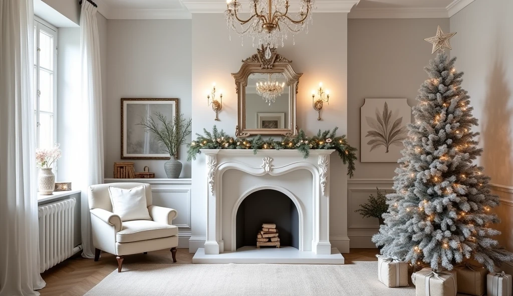 corner photo backdrop, Provencal style decorated for Christmas with beautiful chandelier, with beautiful main wall piano, fireplace, armchair, Christmas tree, side window, all white