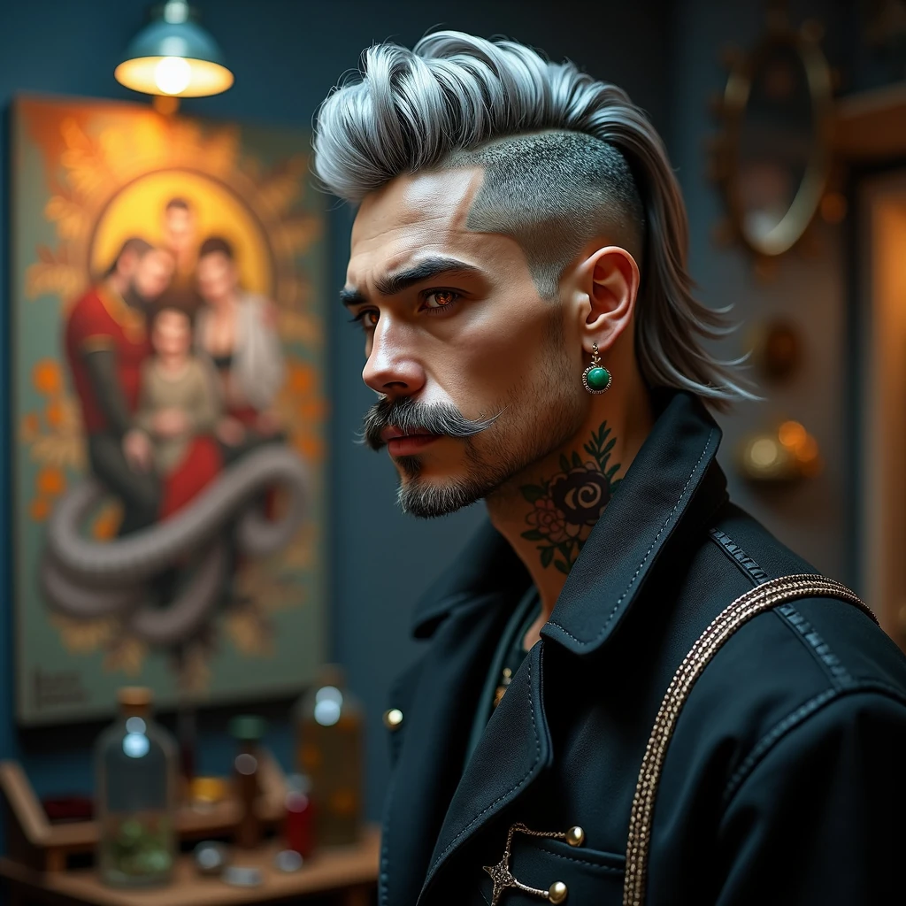 a male artist, fully body, 30years, with 1.80 tall, gray hair shaved on the sides and long on top falling to the side of the face, intimidating orange eyes, big french mustache, jade earrings, flower tattoo on neck, wear formal clothes, work of art, best qualityer, ultra detali, best shade, beautifull detailed face, beautiful detailed eyes, hight contrast