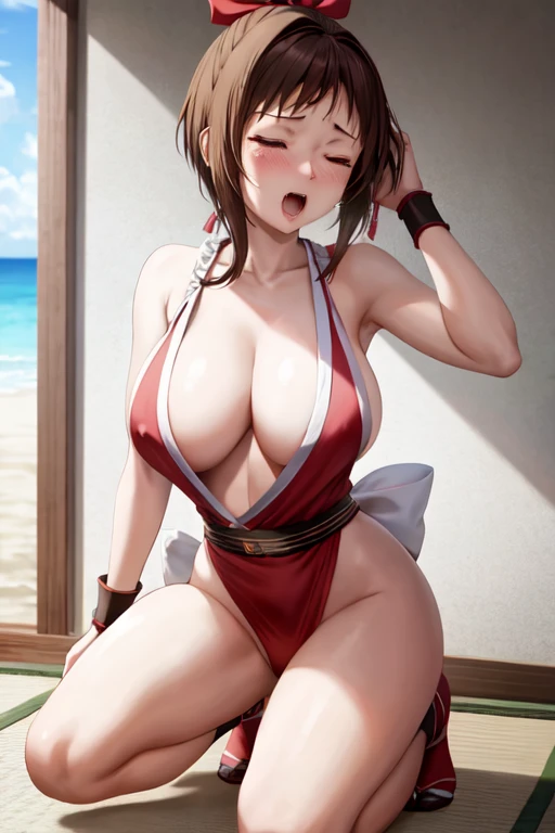 masterpiece, best quality, beautiful art, high resolution, well formed hands, body and fingers, 1 woman, solo, Ui Wakana, red makeup, red lipstick,adult, grown up,  cosplaying as Mai Shiranui , mai_shiranui_cosplay, adult, large and big breasted, cleavage, full body , hair ribbon, gorgeous legs and, thighs, sexy Japanese clothes, hair ornament , sexy and bare legs , hips and thighs, panties peek, ryona , in peril, she is being beaten up by her opponent, closed eyes, she is knocked down and she is slapped in the face , slipping down and falling down on the floor, receiving the impact of her opponent's attacks, closed eyes, screaming in pain and agony, heroine in peril, ryona and perilous scene, bouncing breasts, weak and helpless, martial arts tournament on the beach
