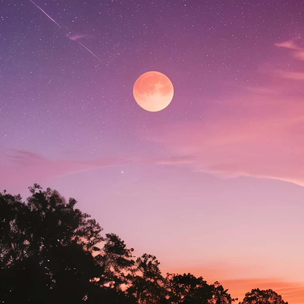 a pink moon in the sky with clouds and stars, a picture by Anna Haifisch, trending on unsplash, aestheticism, pink moon, ☁🌪🌙👩🏾, giant pink full moon, ✨🕌🌙, heaven pink, pink skies, beautiful as the moon, pink clouds, the sky is pink, moon in the sky