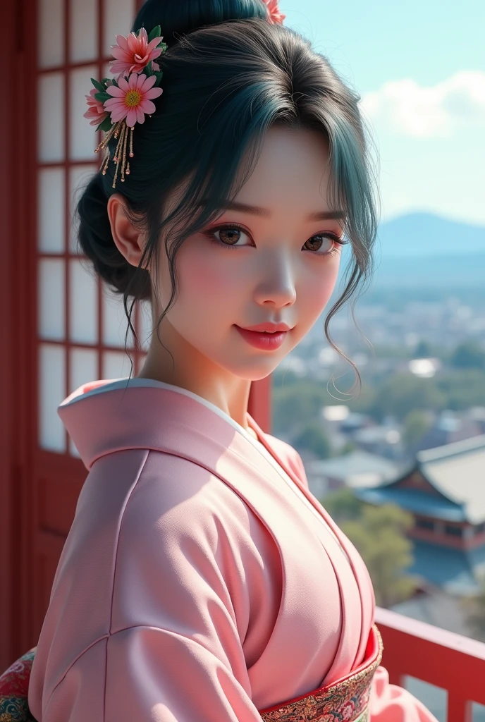 Real Photo KozukiHiyori, ((masterpiece:1.4, best quality)), ((masterpiece, best quality)), (photo realistic:1.4), big breasts, Japanese actress, big black eyes, cute, young, smiling, (aqua color hair ), hair flower, pink kimono, makeup, kimono, lipstick, blue eyes, long hair, hair stick, kanzashi, castle, cityscape, blue sky, professional lighting, physically-based rendering