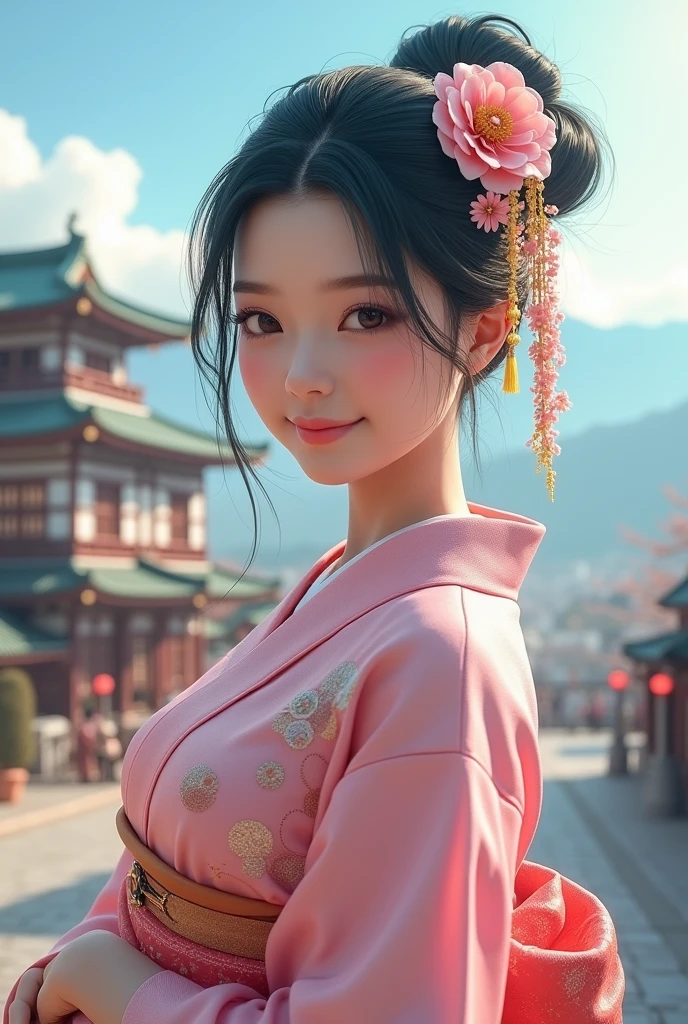 Real Photo KozukiHiyori, ((masterpiece:1.4, best quality)), ((masterpiece, best quality)), (photo realistic:1.4), big breasts, Japanese actress, big black eyes, cute, young, smiling, (aqua color hair ), hair flower, pink kimono, makeup, kimono, lipstick, blue eyes, long hair, hair stick, kanzashi, castle, cityscape, blue sky, professional lighting, physically-based rendering