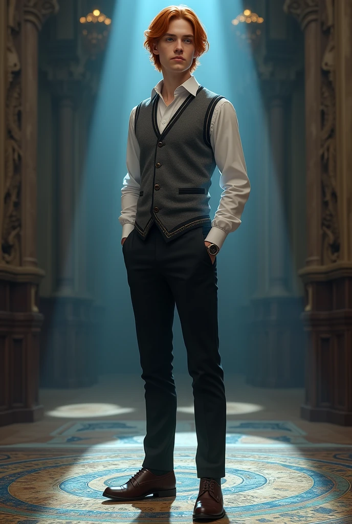 1boy, male body, handsome boy, long shot, full body angle, arms detail, body detail, legs detail, face detail, feets detail, hands detail, slender body, youthful face, shoulder-length hair, dark orange hair, blue black gray, ravenclow witchcraft student in laid-back Hogwarts school costume, gray wool vest, black dress pants, white button-down shirt, classic shoes, blue and bronze details, in astrology tower, tapestry floor with blue astrological chart as a print, immense and grand indoor Hogwarts, floor detail, standing, dynamic male divine pose, divine work of art, surreal fantastic aesthetics, dramatic lighting, full body, body hairless, dominating, white or white skin, gighly light, highly detailed, looking at the audience, photography, detailed skin, real person, crazy detail, hype maximization, lighting complex detail , Highly detailed, Digital painting, artstation, concept art, smooth, sharp focus, illustration, Unreal Engine 5, art by Ross Tran and Greg Rutkowski and Alphonse Mucha, Show men only .8k Ultra HD, dslr, dim lighting, high quality, film grain, Fujifilm XT3, 2-person, two-person model. hype surrealism, hype surrealism, by Shen Quan, Skin detailed), Real people, Reality, realistic optics, crazy details, Face model details, Maximum magnification, Exaggerated SurReality, quite, Light and intricate details, High detail, high detail, digital painting, art station, concept art, soft focus , pointy, illustration, unreal engine 5, 8k, art by Ross Tran and Greg Rutkowski and Alphonse Mucha, ultra HD, 8k, male only screen .8k Ultra HD, dslr, low light, high quality, Fujifilm XT3, male fan, model of 2 people, two people, 8k hd, handsome and cute , white skin , handsome model , white ski, beautiful young male model, an attractive man 18-2 aesthetic, Sunshine sports student, whether cape or cloaks, bulgej8, slender body, soft youthful face, handsome boy, 1boy, boy,