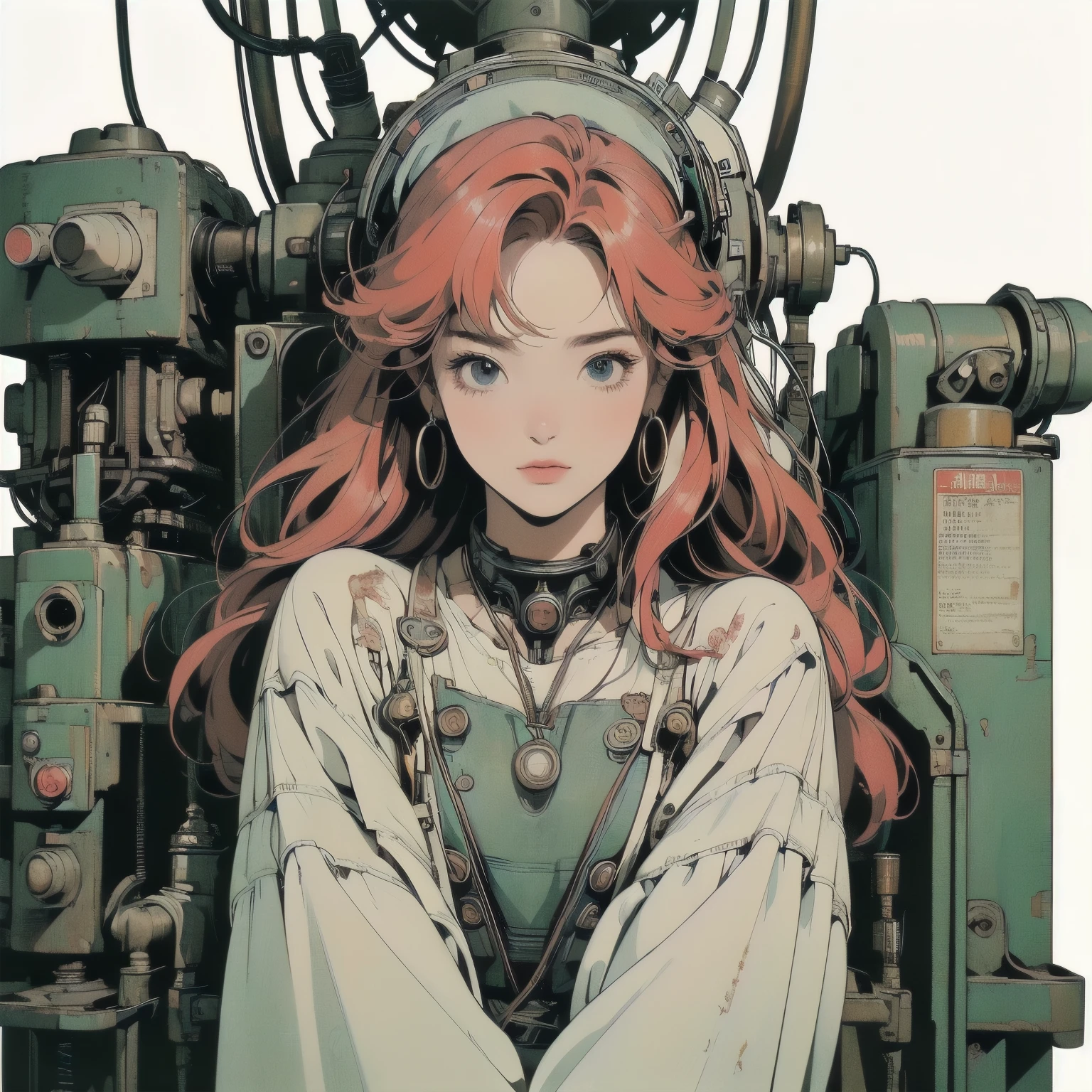 (((masterpiece, Highest quality)))、(((32K Wallpapers))), ultra high resolution, The most detailed black machine、((Outdated colorful machinery and a woman)))、The most detailed background、(((small Chest)))、(((Surrounded by many complex, sophisticated, Outdated machinery)))、((((Upper Body))))、 (one person:1.2), ((Dull colors))、A perfect Outdated machinery、(((Perfect Face)))、(((The most complete Outdated machinery)))、Detailed Hair、 (((Lots of cables)))、Close-up、(((Place your hands on the arms of the chair)))、(((複Dull colors雑で巨大なエンジン)))、((White background only)))、(((signal machine)))、(((Sit on a long, vertically long mechanical chair)))、White space suit、(((Big overhead sign)))、(((pale red hair)))、(((((Cable connected to a machine worn on the head)))))、(((Very perfect and detailed face)))、(((mysterious)))