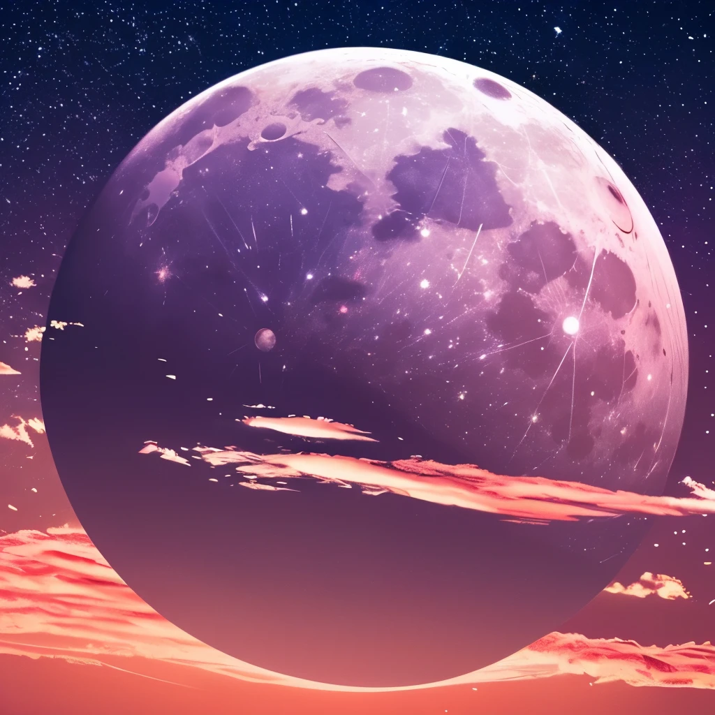 a pink moon in the sky with clouds and stars, a picture by Anna Haifisch, trending on unsplash, aestheticism, pink moon, ☁🌪🌙👩🏾, giant pink full moon, ✨🕌🌙, heaven pink, pink skies, beautiful as the moon, pink clouds, the sky is pink, moon in the sky
