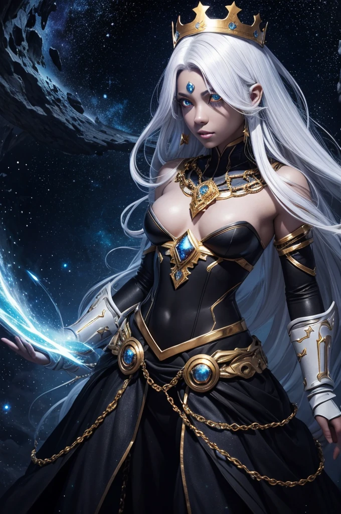 high quality, galactic looking girl, black cosmic skin full of stars, white eyes without pupils, iron crown with blue gem, 4 arms, SERIOUS LOOK, without bodily features, unclothed, Medium Chest, golden chains around him, White hair,