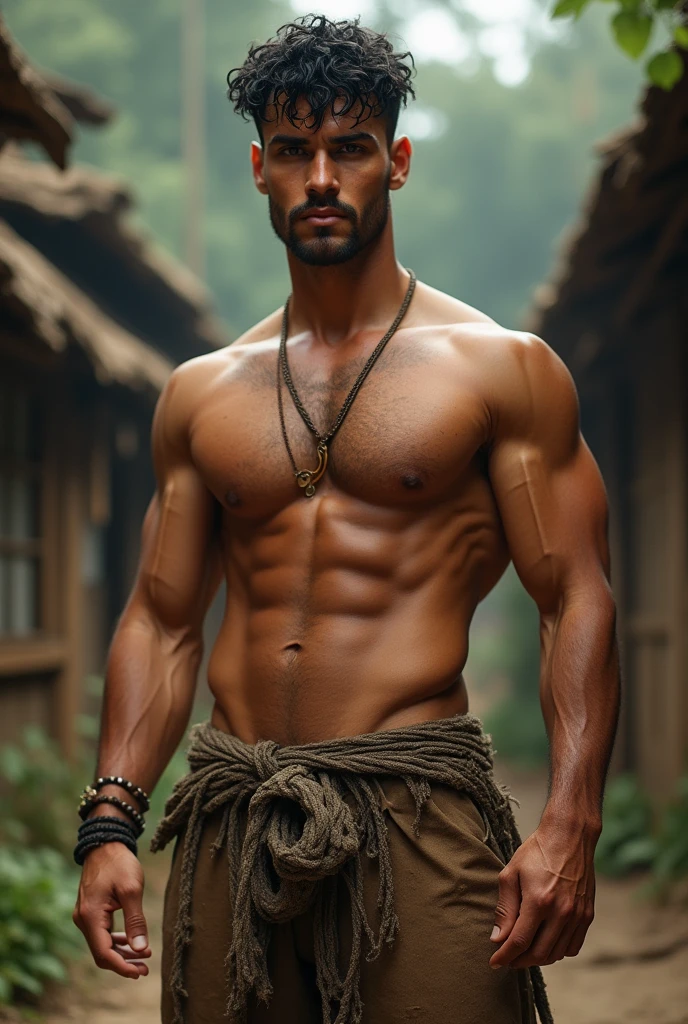 A tall, muscular tanned boy in his 20s, clean shaved, Shirtless, curly very short black hair, sweaty and ragged attire, G-string, standing in a rustic village setting, high detail, realistic, dynamic lighting, portrait, character design, cinematic atmosphere, masterpiece .