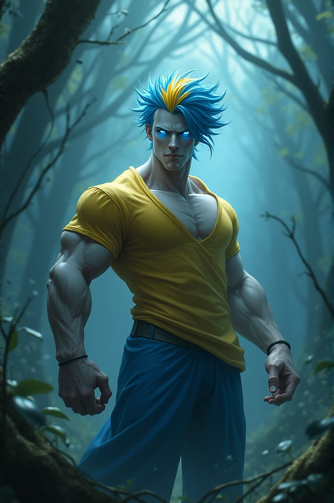 A muscular man with bright white eyes,that he has blue pants and a yellow shirt,blue hair and a yellow streak,and that it is in a foggy forest and that the eyes are noticeable and the skin is almost white