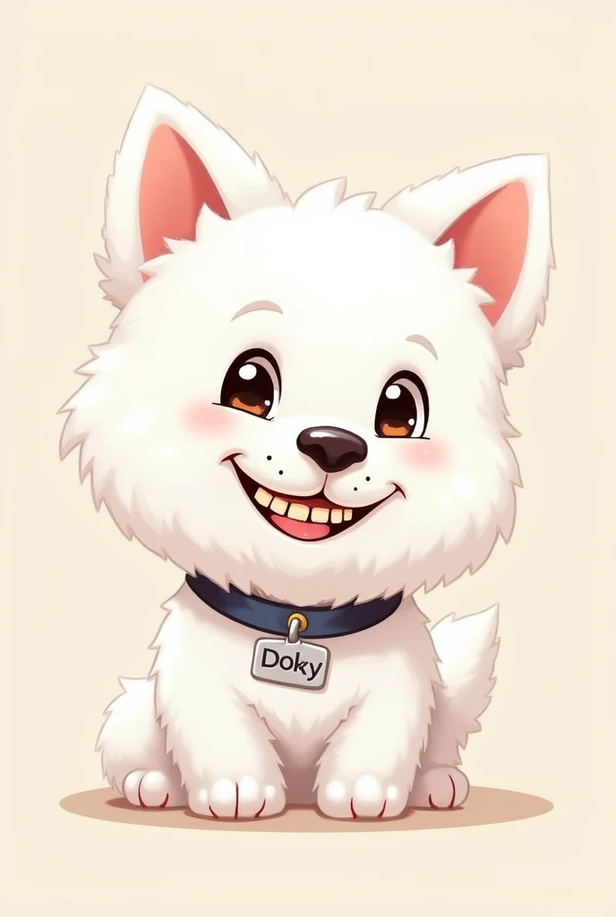 Make me a white dog with crooked teeth that has the name doky on its collar