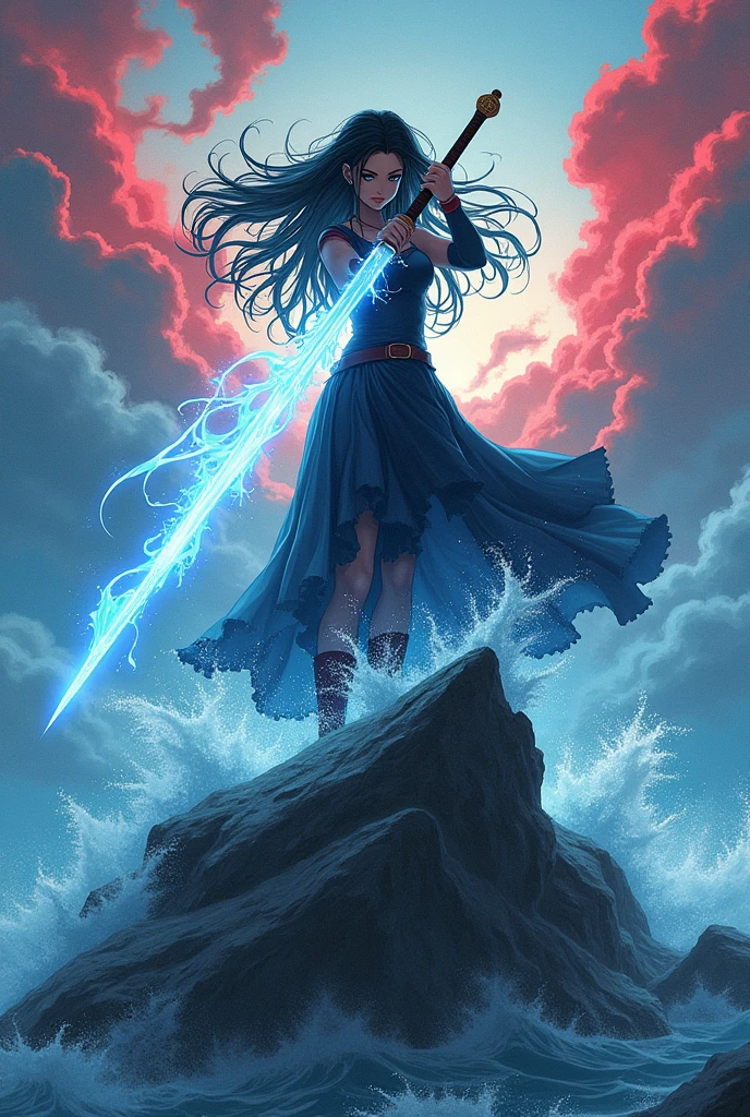 a woman standing on top of a rock, her sword leaves a wave of water, photo by ,Taite Kubo, red blue color palette, rippling water, gunshot, magic art flowing from hands, rippling liquid, tpose, nanquan , half face in water , protagonist, Muichiro Tokito , ability image, ((ai art queen god))