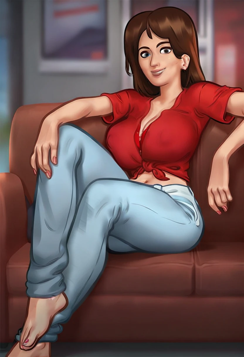 score_9, score_8_up, score_7_up, score_6_up, source_cartoon, rating_explicit, ((Drawn in the style of summertime saga)), Debbie, red blouse, jeans, sitting on sofa, smiling, looking on viewer,