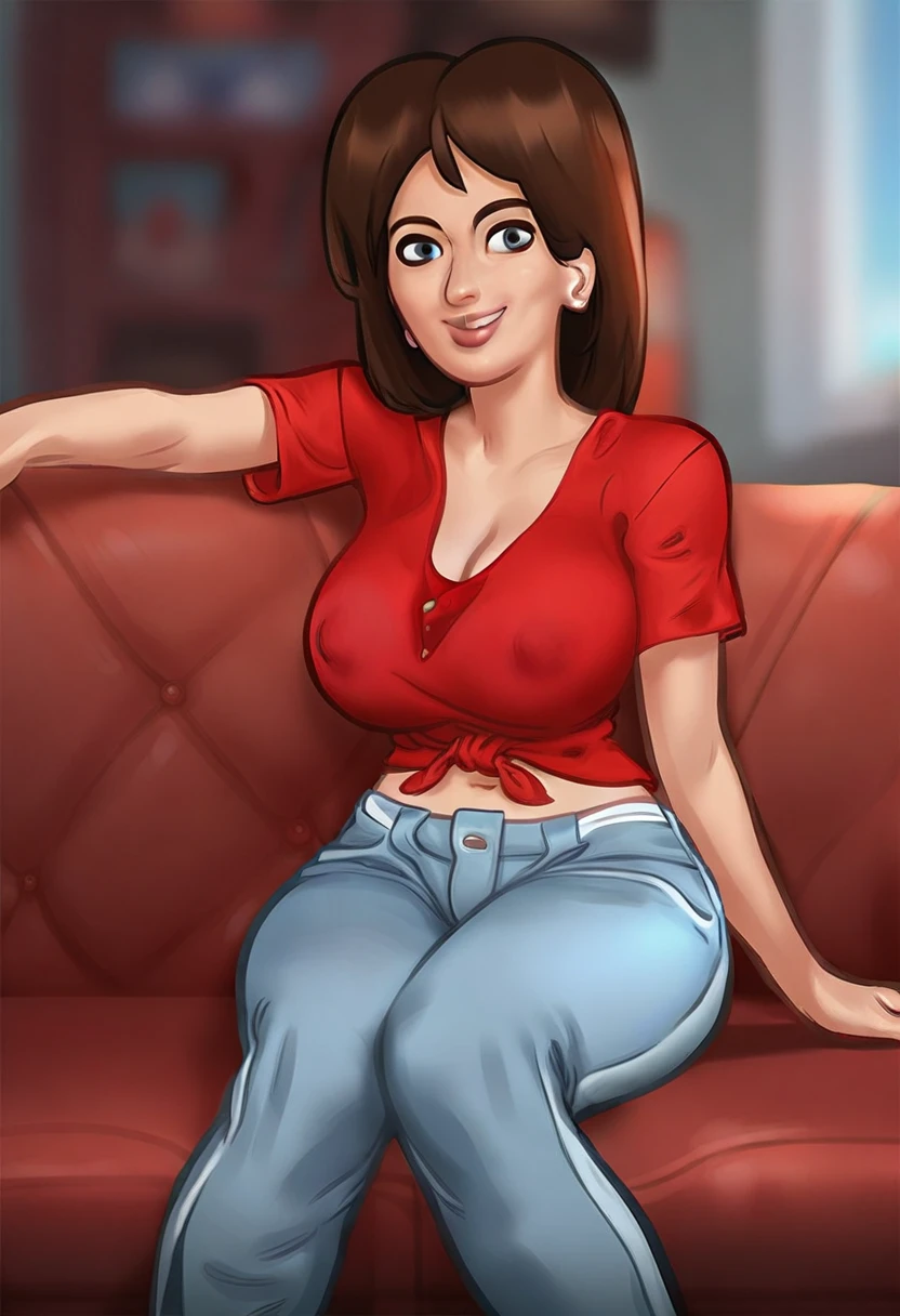 score_9, score_8_up, score_7_up, score_6_up, source_cartoon, rating_explicit, ((Drawn in the style of summertime saga)), Debbie, red blouse, jeans, sitting on sofa, smiling, looking on viewer,