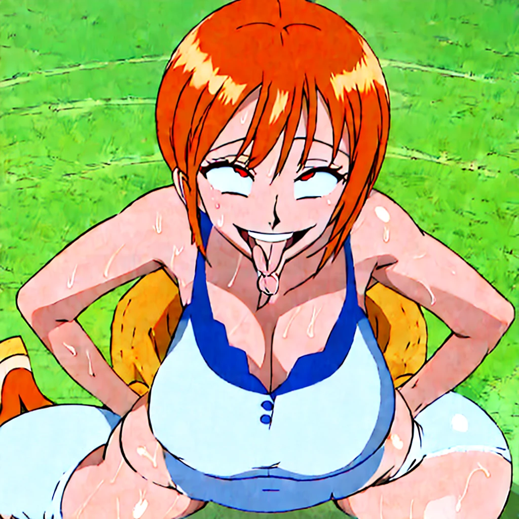 Orange short hair, Ahegao, smile, crazy Smile, 勝ち誇ったsmile, Her body is thin and delicate like an , but her breasts are large., Sweaty, crazy Smile, Firm and shiny big breasts, Eyes without highlights, Turn your ass towards me, Wearing white shorts, ahegao, 涎を垂らしながらsmileをする, fellatio