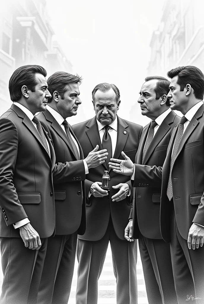 Drawing of several important people with ties asking a policeman who has a small club in his hand