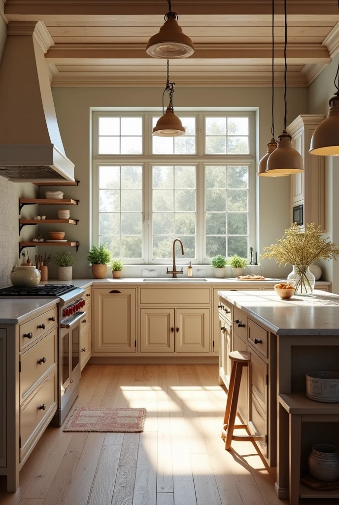 Large kitchen, in neutral colors, pretty, vintage
