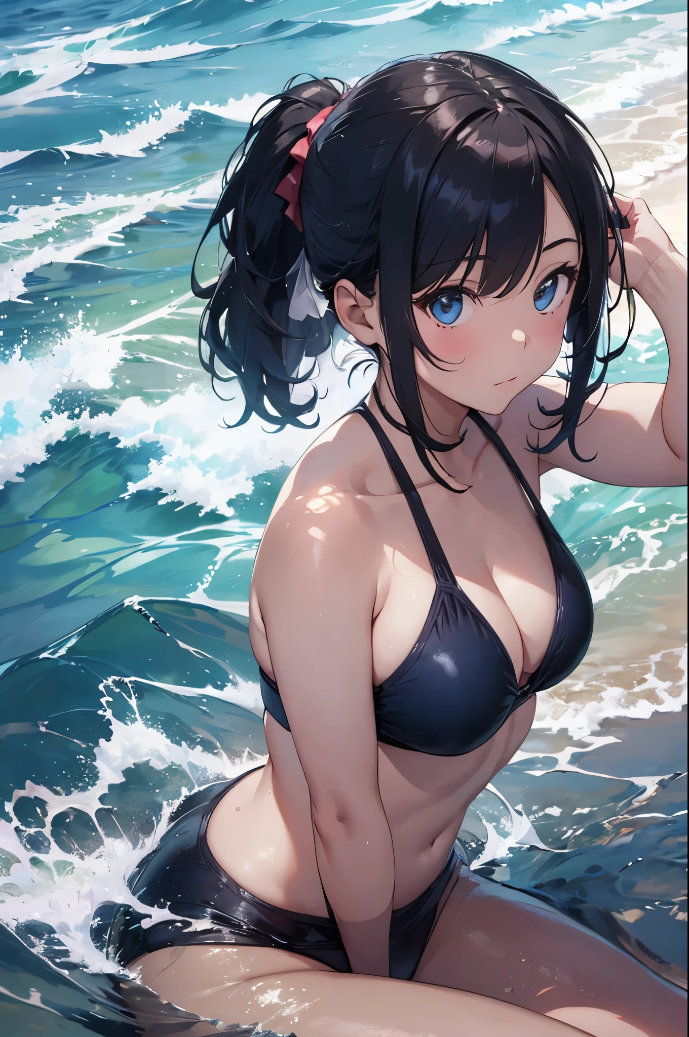 4K,8k,High resolution,Pink Swimsuit、
Quite a young woman,Blue Hair、Ponytail Blue Swimsuit、
(Soft Saturation:1.3), (Fair skin:1.2),
(ultra-Detailed Background, Detailed Background), Bokeh,
break'Smiling portrait.,
When viewed from the front, The composition is symmetrical,
Looking straight at you with serious eyes,
break Swimwear, Blue Bikini, Center of chest,
Outdoor, Sea surface, null, sunlight,Summer beach, Sandy Beach,
Strong light, Front lighting,
(:1.3), (Cowboy Shot:1.2),
Front brake angle,
View your viewers,
Dynamic pose,
sitting on the beach
Wakame seaweed、Wakame seaweed、
Seaweed、Seaweed、Seaweed、Seaweed、Seaweed、Seaweed、Seaweed、