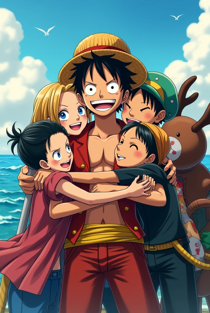 Luffy with the mugiwara hugging each other 