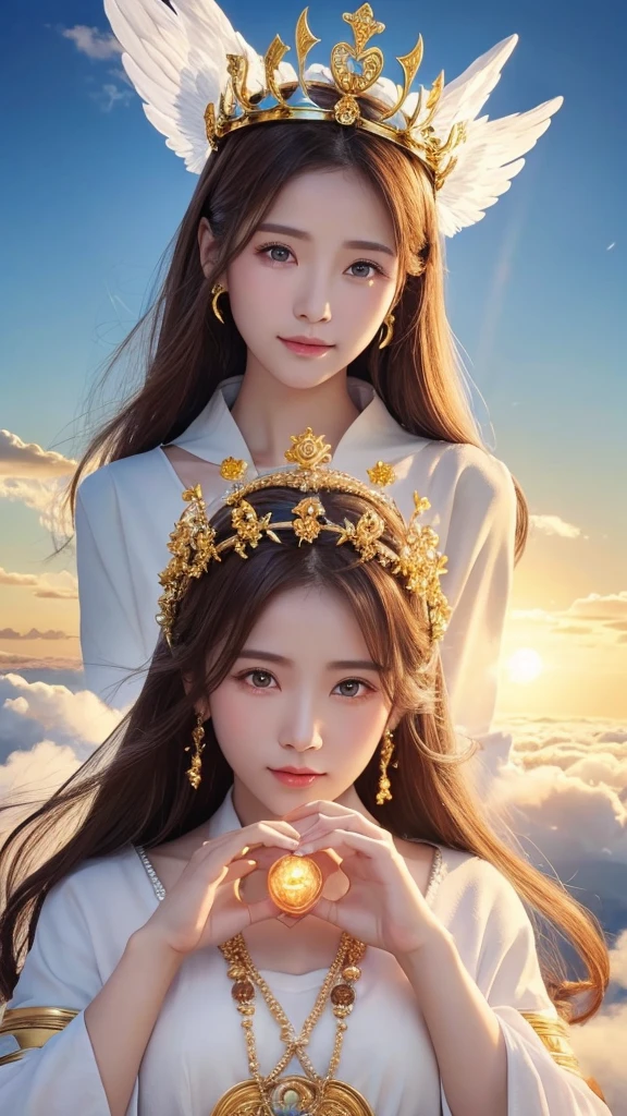 goddess Money nice Crown、Gorgeous angel、Above the Clouds、sun、Hands clasped in front of each other、Eye color is brown、Money色の髪、Money色の衣装、Money色よ背景