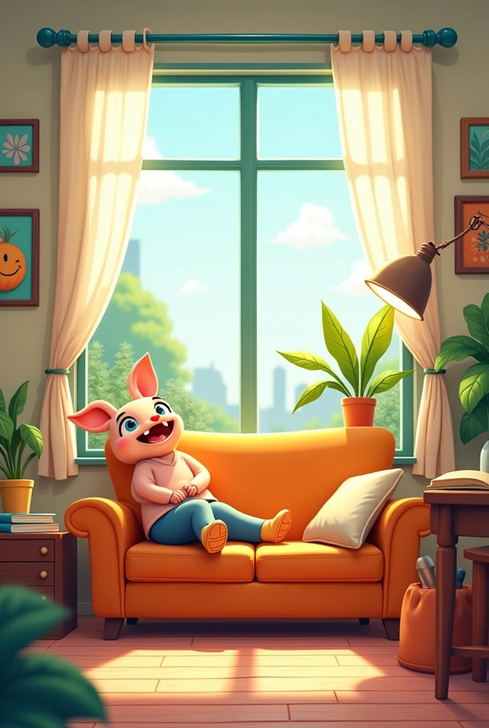 office,sofa,Large Windows,Cartoon Style。Mid-shot。