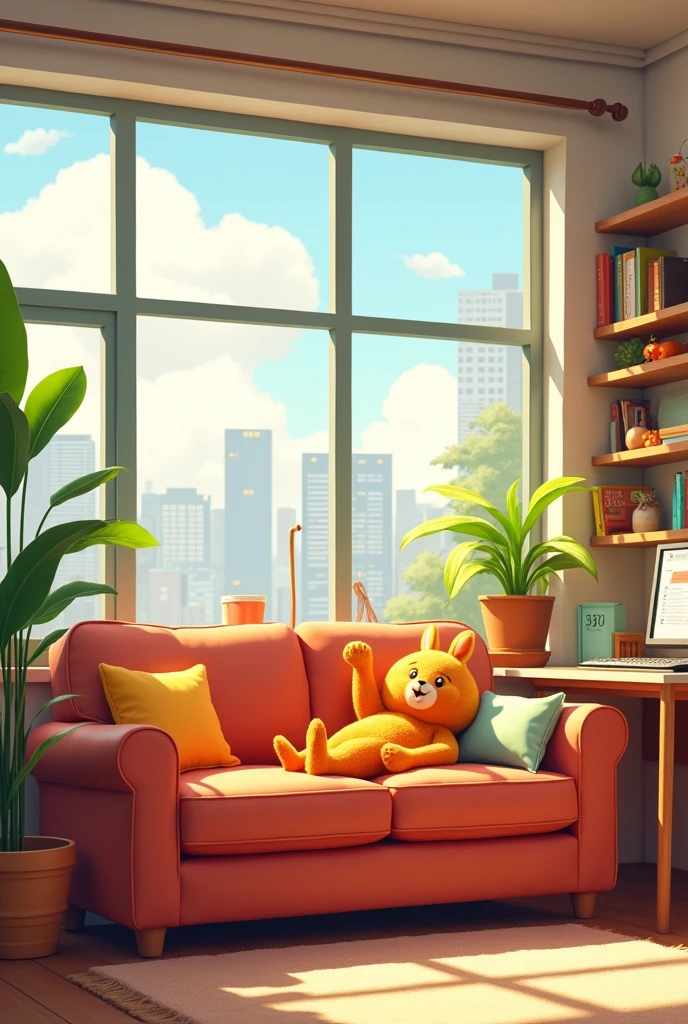 office,sofa,Large Windows,Cartoon Style。Mid-shot。
