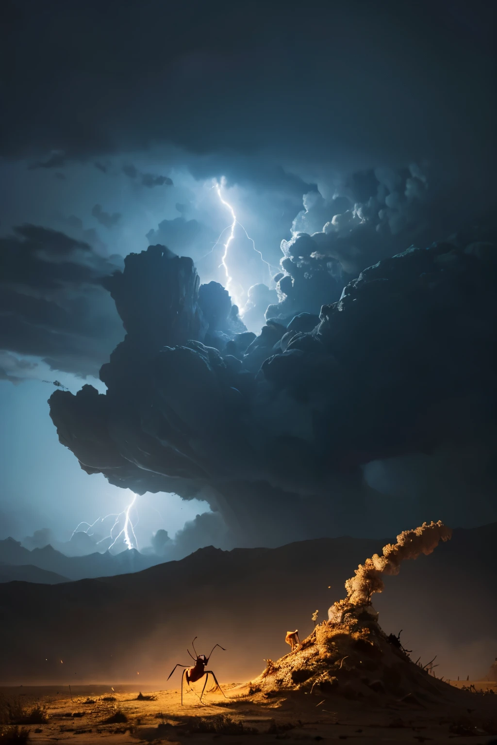 This ant is on top of a ruined ant nest, attacking state, the background is a huge human fist, the sky is cloudy, lightning flashes, ants and humans are fighting fiercely, dust splashing, there is a sci-fi war game style. The size is 1:1