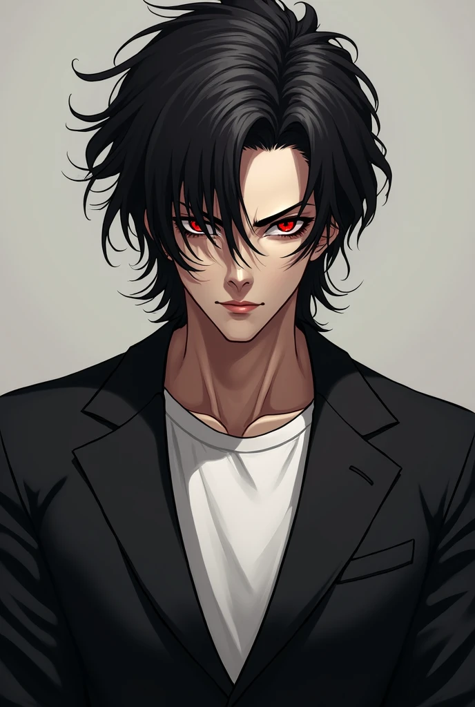 Male version of Makima l, with a black suit and a white t-shirt inside, with a red eyes, black hair with voluminous bangs blown to the right.