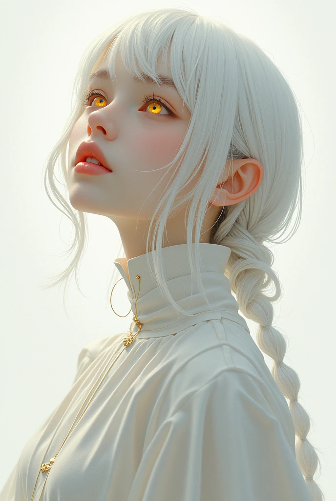 best quality, masterpiece,white hair, gold eyes,white clothes, looking up, upper body,hair strand,Fair skin,side braids