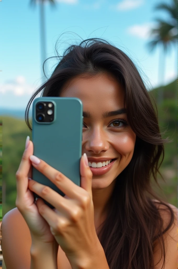 Beautiful woman taking a selfie holding a cell phone so that her face is close to a beautiful white Brazilian woman, she is in a beautiful natural landscape