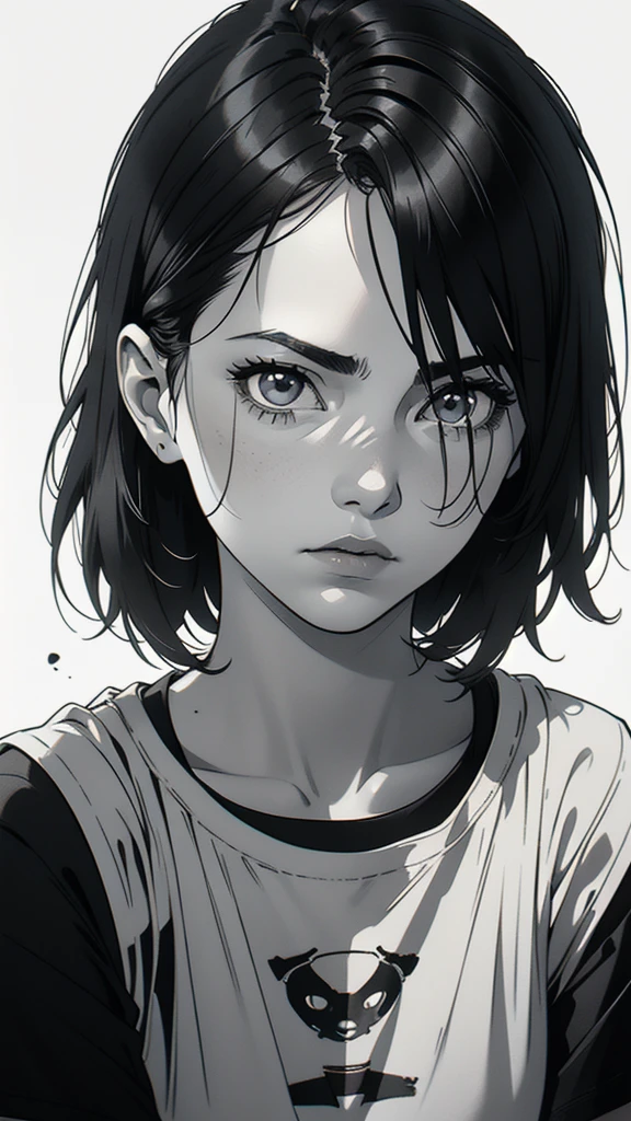 1 boyish girl, solo, sharp eyes, expressionless, monochrome, greyscale, short black hair, portrait, white T-shirt, closed mouth, looking at viewer, graphite \(medium\), detailed lips, hatching \(texture\), without makeup, bangs, upper body, (best illustration), (best quality), (very detailed), (masterpiece), expressionless,