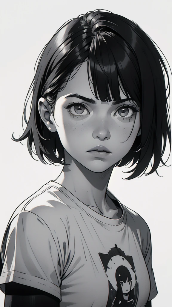 1 boyish girl, solo, sharp eyes, expressionless, monochrome, greyscale, short black hair, portrait, white T-shirt, closed mouth, looking at viewer, graphite \(medium\), detailed lips, hatching \(texture\), without makeup, bangs, upper body, (best illustration), (best quality), (very detailed), (masterpiece), expressionless,