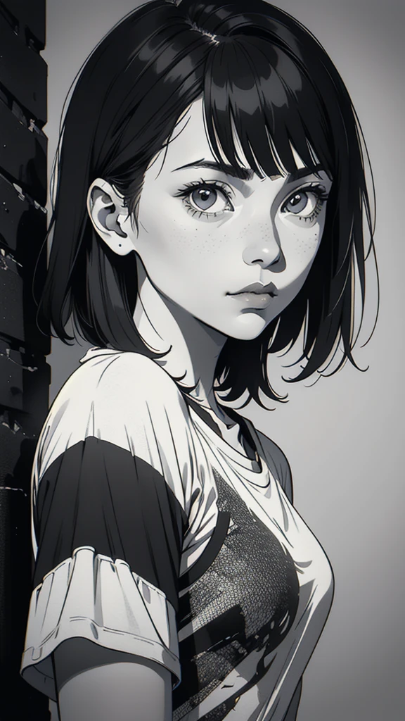 1 boyish girl, solo, sharp eyes, expressionless, monochrome, greyscale, short black hair, portrait, white T-shirt, closed mouth, looking at viewer, graphite \(medium\), detailed lips, hatching \(texture\), without makeup, bangs, upper body, (best illustration), (best quality), (very detailed), (masterpiece), expressionless,