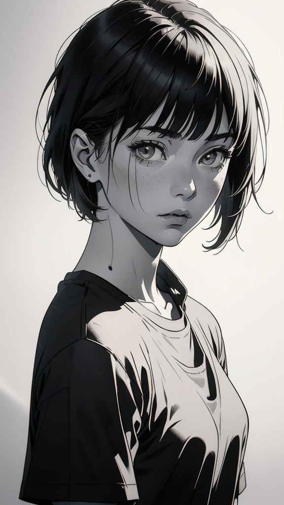1 boyish girl, solo, sharp eyes, expressionless, monochrome, greyscale, short black hair, portrait, white T-shirt, closed mouth, looking at viewer, graphite \(medium\), detailed lips, hatching \(texture\), without makeup, bangs, upper body, (best illustration), (best quality), (very detailed), (masterpiece), expressionless,