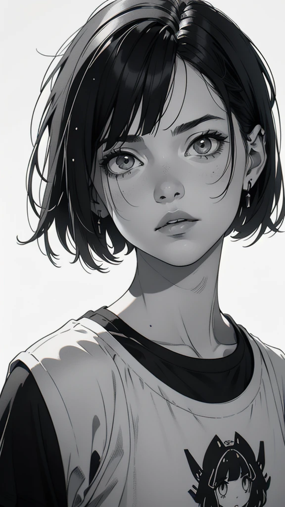 1 boyish girl, solo, sharp eyes, expressionless, monochrome, greyscale, short black hair, portrait, white T-shirt, closed mouth, looking at viewer, graphite \(medium\), detailed lips, hatching \(texture\), without makeup, bangs, upper body, (best illustration), (best quality), (very detailed), (masterpiece), expressionless,