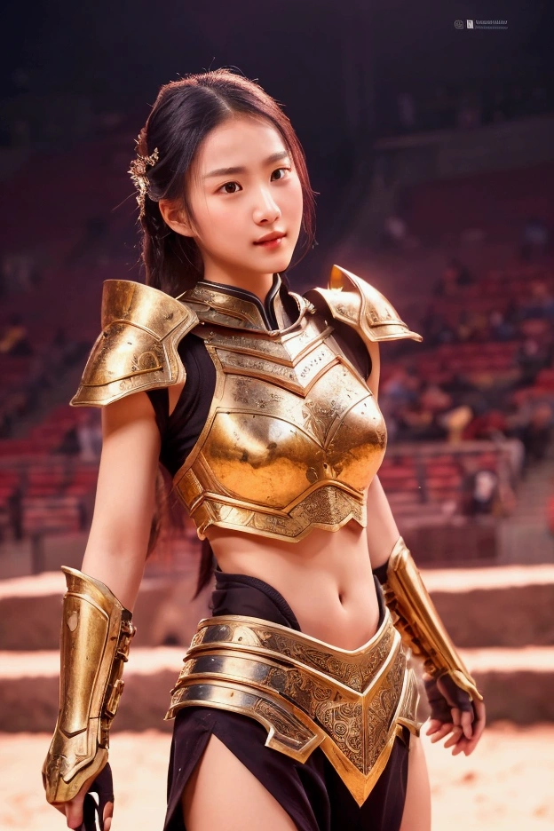 A beautiful girl in the guise of an ancient warrior, adorned with powerful armor, holds a radiant weapon in her hand, creating a strong and captivating image. The scene is set in an arena with a large audience, captured in high-quality photography."