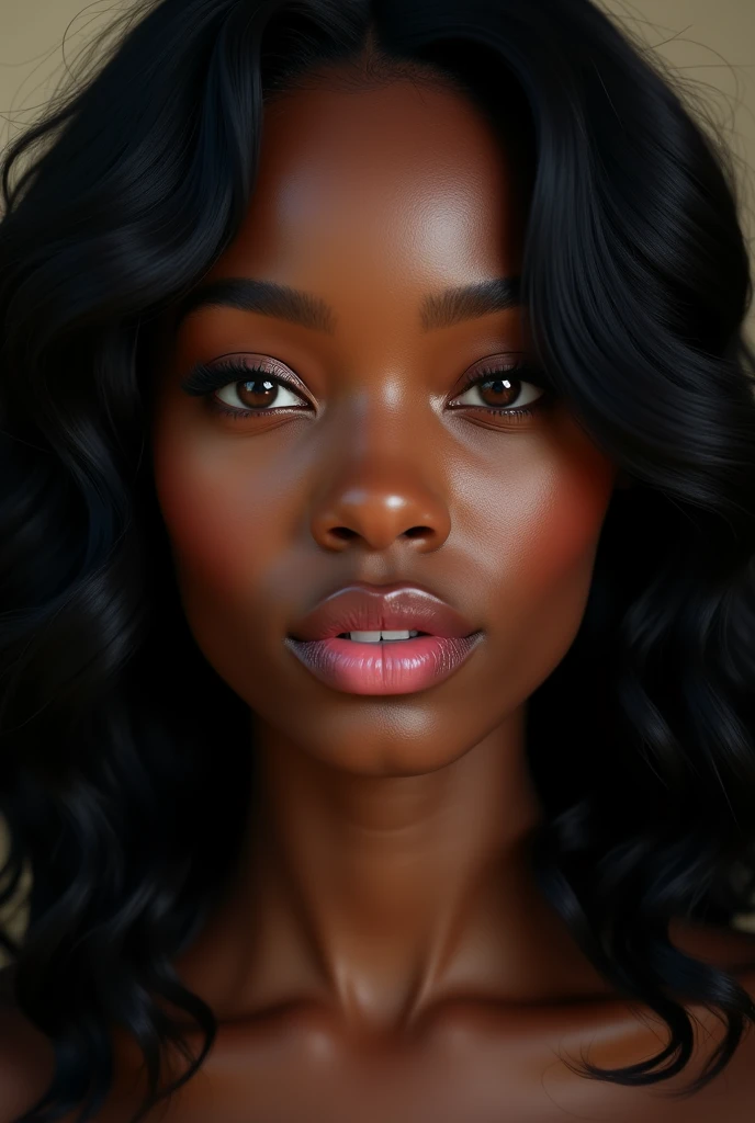 Young woman, black wavy hair black skin, eyes black, Full pink lips.