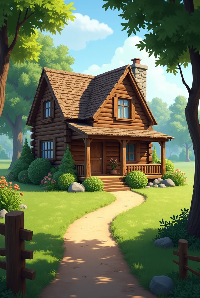 Create a cabin with a path and a well-kept lawn around it