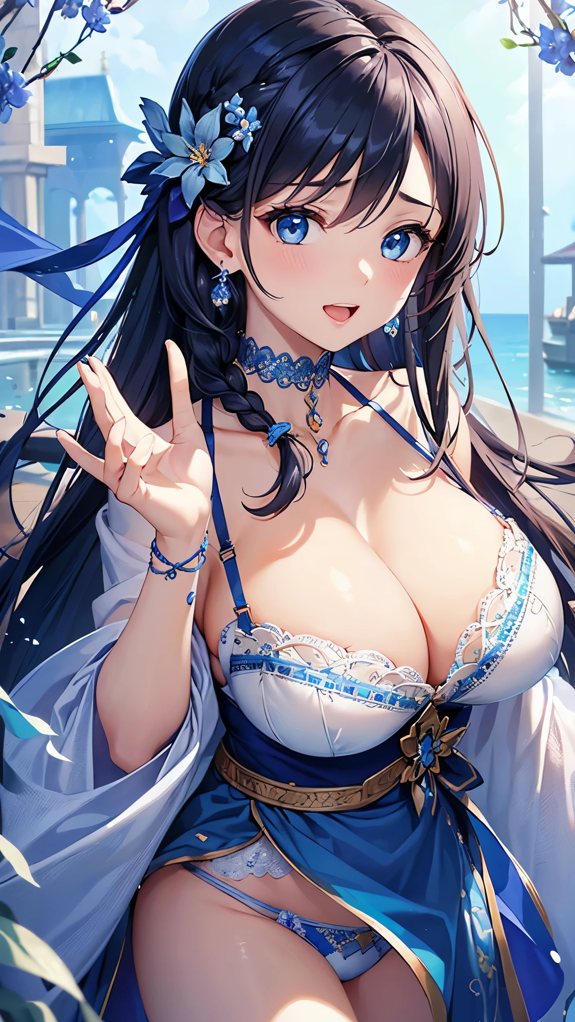 Highest quality、Highest quality、masterpiece、(8k resolution),beauty(Age 25)、(Mature Appearance)、Long Hair(Braiding of sides)、blue eyes、(Intricately embroidered underwear、bra)、Big cleavage、((Super big breasts))、Excited expression、blue necklace、Blue Earrings、background(flower)、Please open your mouth wide、Dynamic pose、Blue choker、