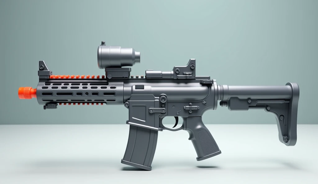 Mini double water gun toy，Integrated rifle mount，Simple surface pattern，Transparent magazine and scope recessed，(Similar structure to M416)，(Double muzzle)，Smooth lines，Plastic material，Three-color Morandi color matching，high quality，Professional Product Photography，Table background，3d, OC Rendering，8K，