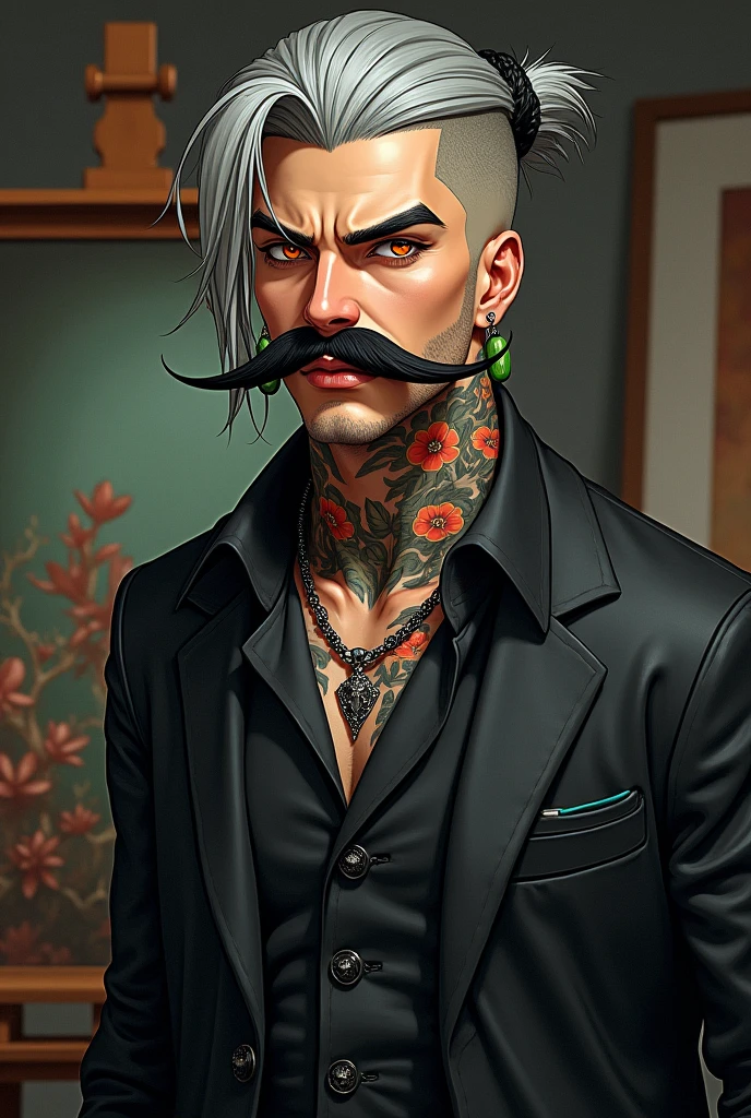 a male artist, fully body, 30years, with 1.80 tall, gray hair shaved on the sides and long on top falling to the side of the face, intimidating orange eyes, big french mustache, jade earrings, flower tattoo on neck, wear formal clothes, work of art, best qualityer, ultra detali, best shade, beautiful detailed eyes, hight contrast, body detailed