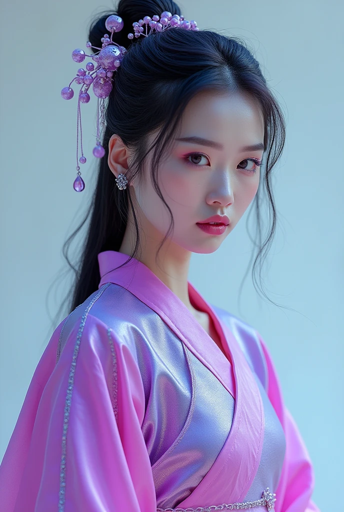 (Full Body), A luminous Chinese beauty (Dilraba Dilmurat) from ancient dynasties (221 BCE - 220 CE) stands majestically against a neutral background, her vibrant white-purple twotone Wuxia attire radiating an otherworldly aura. David Lachapelle's lens captures the frozen moment of her polished body, Si-fi graphics luminescent attire, and captivating gaze meeting the camera with unflinching intensity. reflected light liquid metal fabric attire, 8K resolution reveals razor-sharp features, high-contrast details, and Traditional Chinese hairstyles, while a subtle sheen on her lips hints at the application of Traditional lipstick, spiritual cosmic to realistic, reflected light Glass hair pin