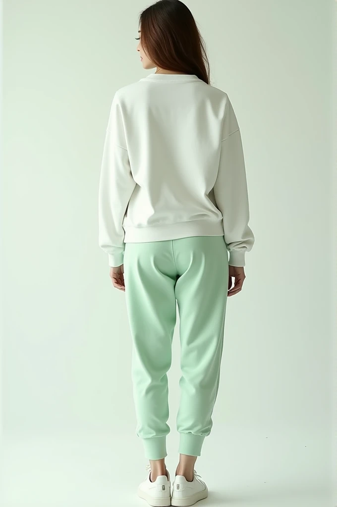 A white and light green anti-fluid set where the sweatshirt has no collar and the pants are sweatshirt style., that is comfortable 