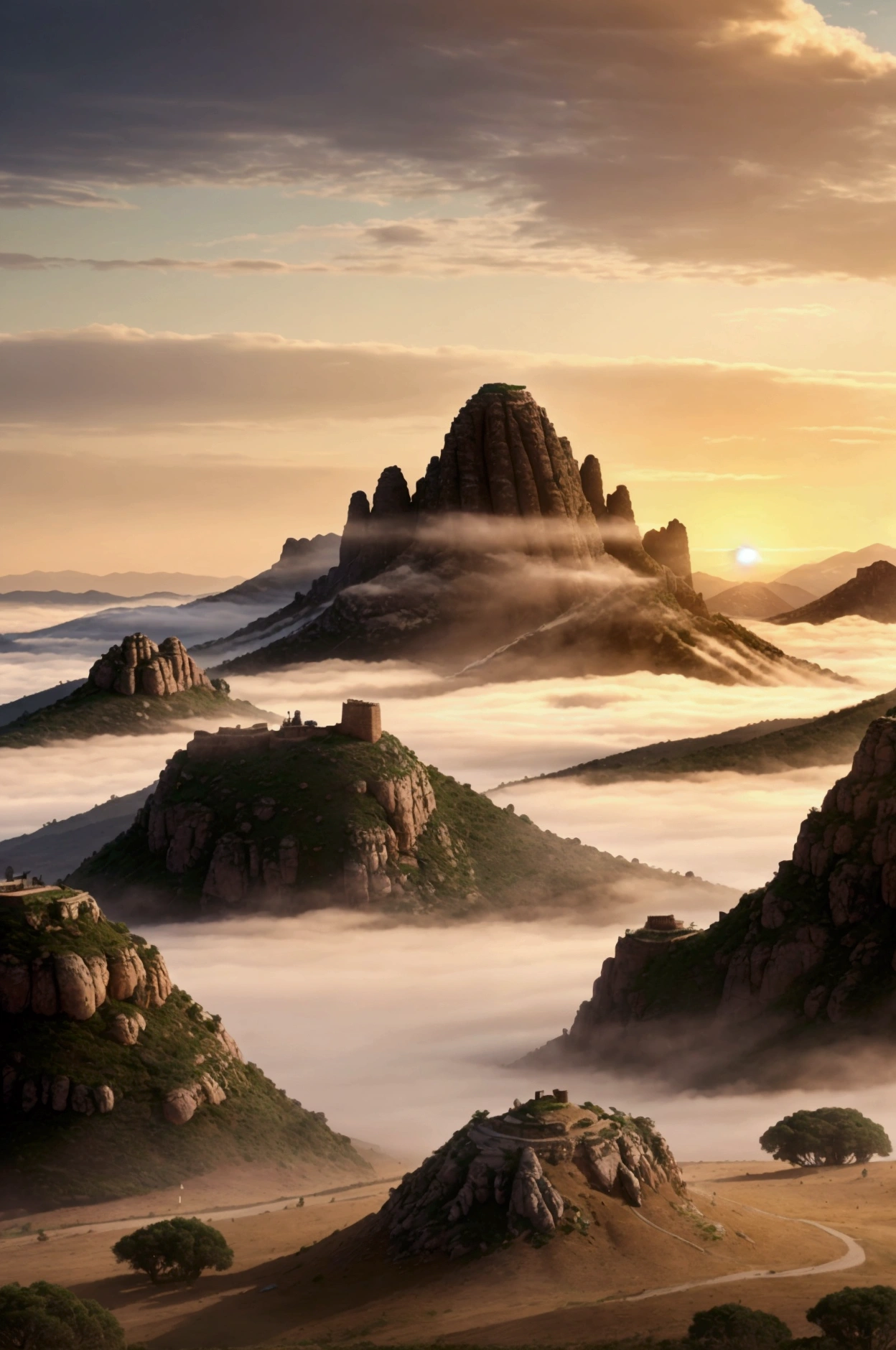 The cover features a panoramic view of the vast barriers and majestic mountains of Eldoria., capturing the natural beauty of the kingdom. the mountains, covered by a level fog, rise in the background, symbolizing the challenges and obstacles that the protagonists face. ahead, the bars are bathed in the golden light of dawn, indicating hope and new beginnings.
