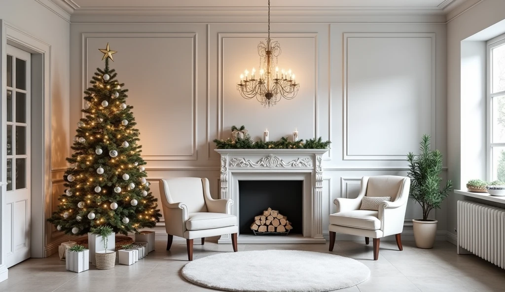 corner photo backdrop, Provencal style decorated for Christmas with beautiful chandelier, with beautiful main wall piano, fireplace, armchair, Christmas tree, side window, all white
