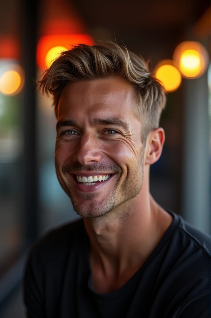 Mature man with short brown blond hair, purple eyes, 34 years, and a perfect face, Laughing in love, top soldier, movie lights, 1:4 HDR images, Floor plan, very detailed, best quality, masterpiece, 8k, realistic, beautiful photos