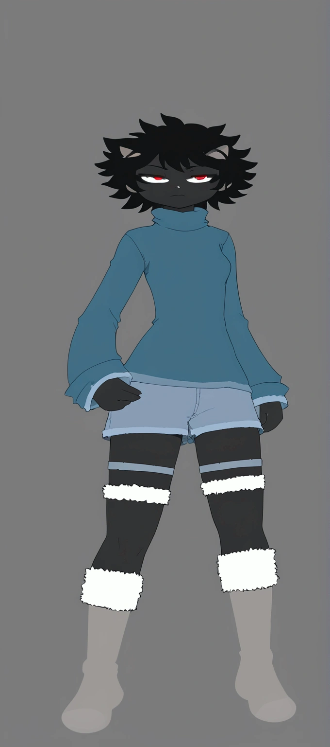 Gray skinned female character, Red eyes, short black mane-shaped hair, blue turtleneck sweater, jean shorts,white knee-high stockings, gray boots, calm and serious personality