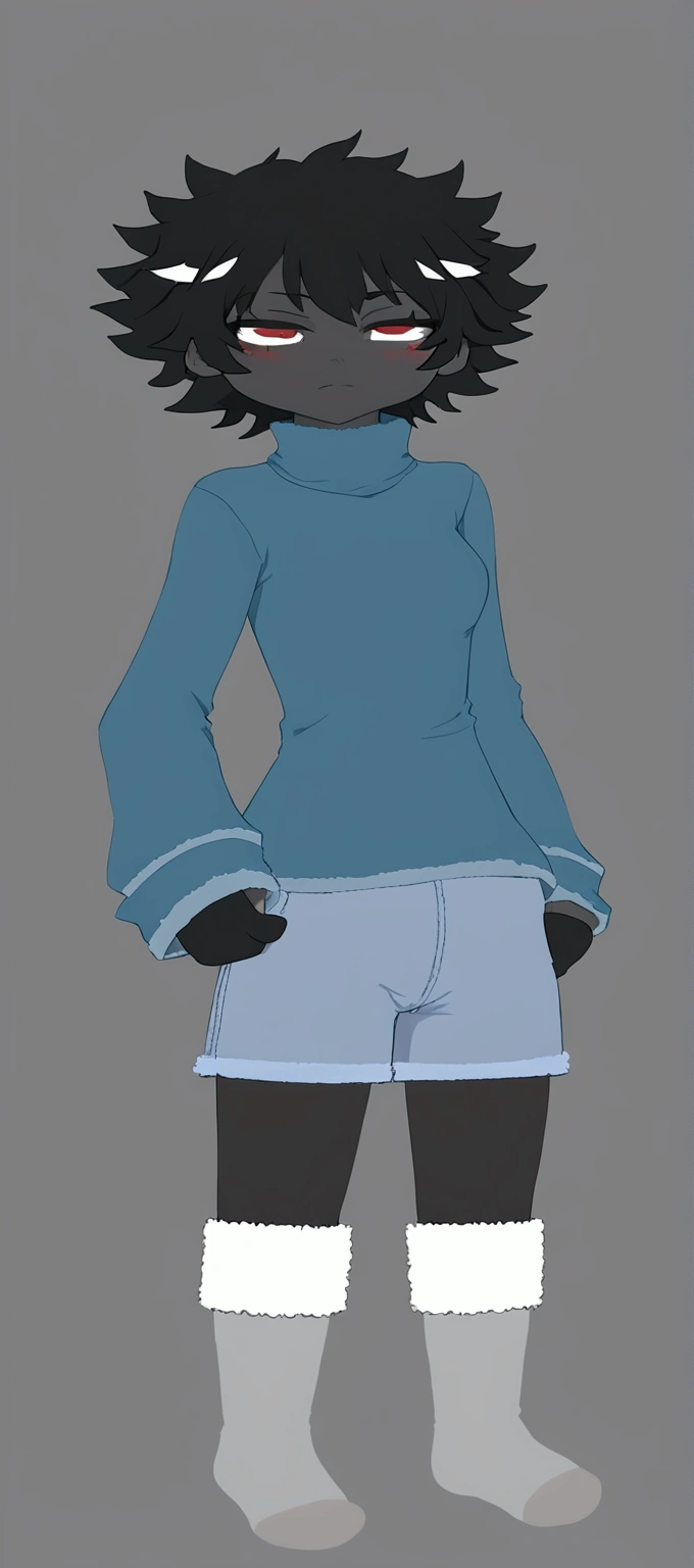 Gray skinned female character, Red eyes, short black mane-shaped hair, blue turtleneck sweater, jean shorts,white knee-high stockings, gray boots, calm and serious personality